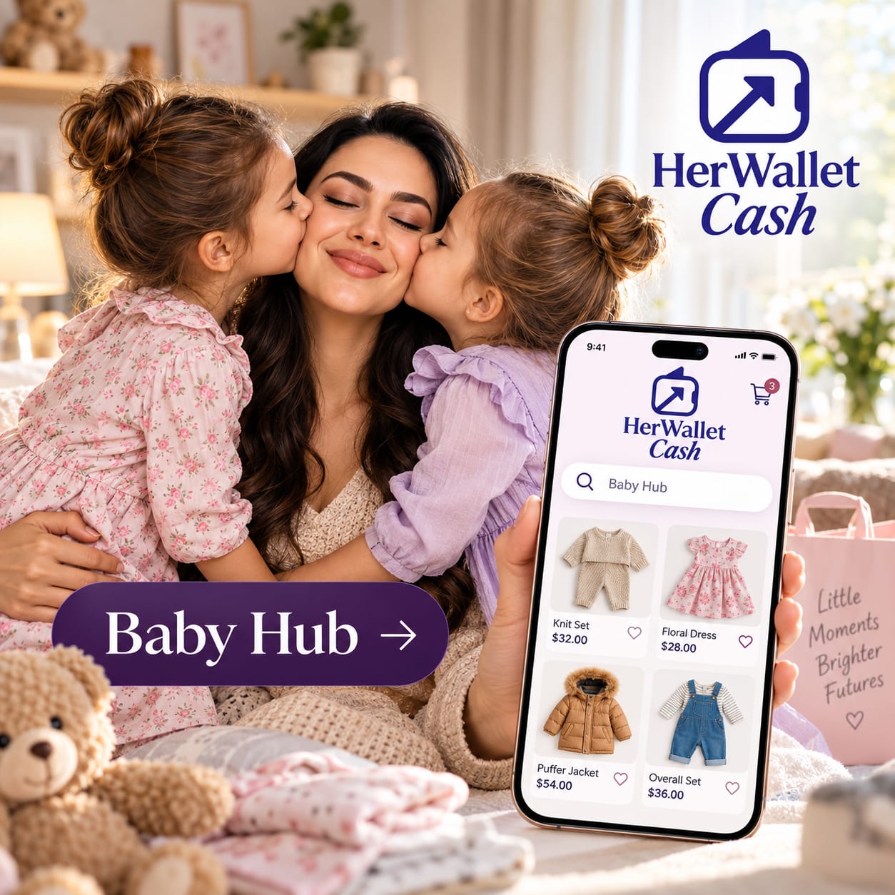 Mother with children using HerWallet Cash Baby Hub on a phone