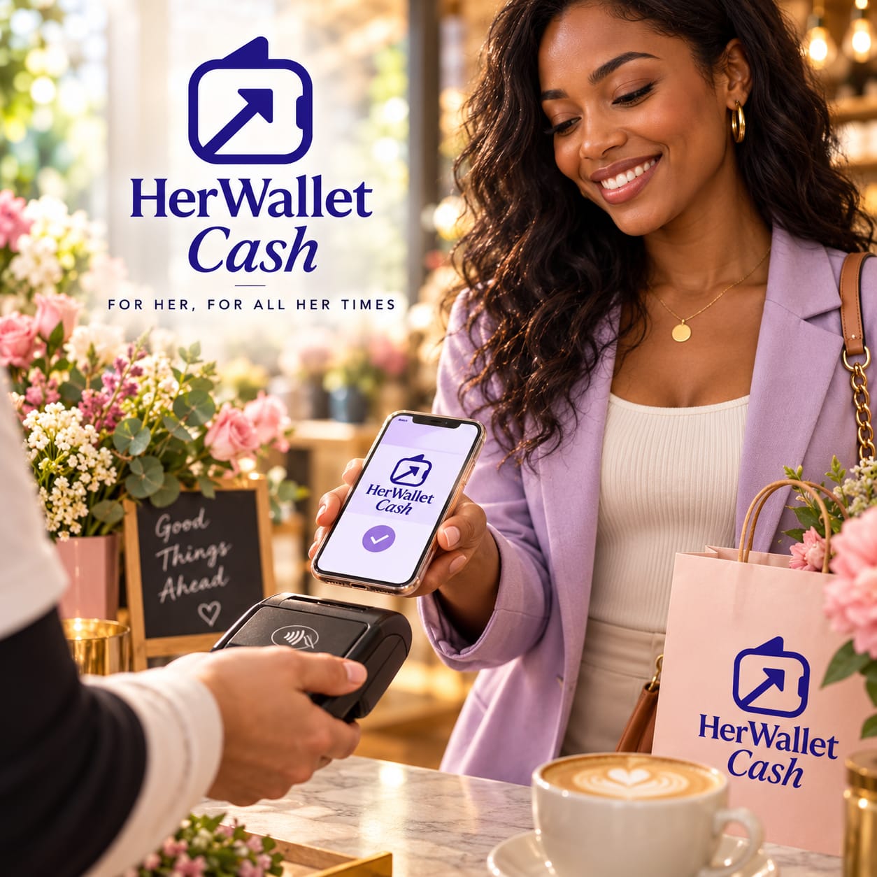 Woman using HerWallet Cash to pay at a cafe counter