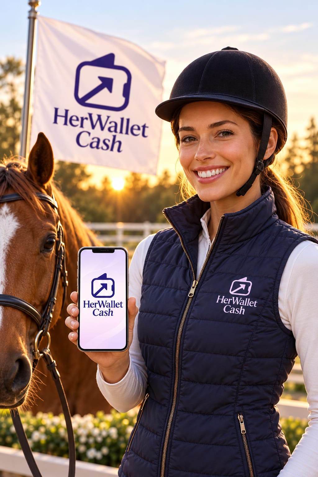 Woman near a horse club holding HerWallet Cash on a phone