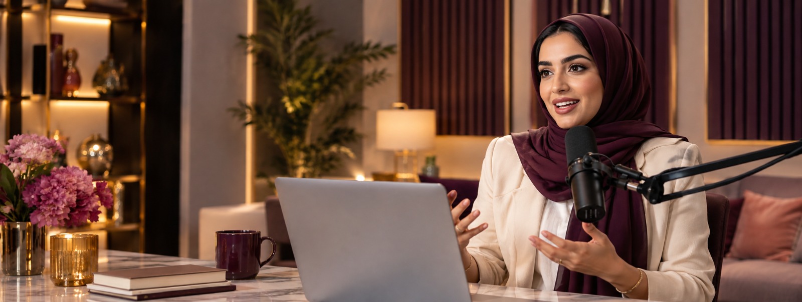 Woman recording a professional live session with microphone and laptop