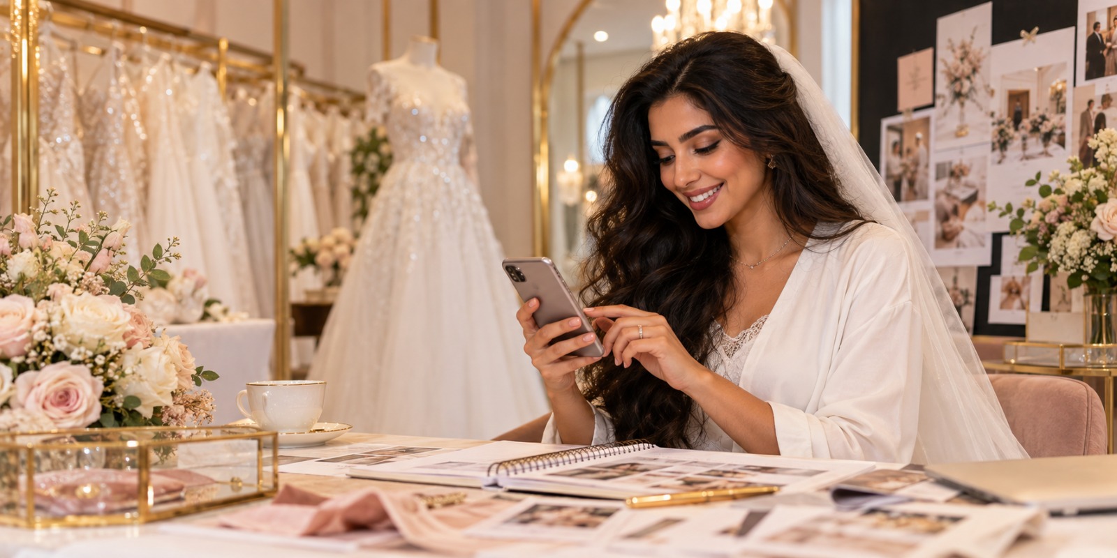 Bride planning a wedding with phone, notebook and wedding dresses nearby