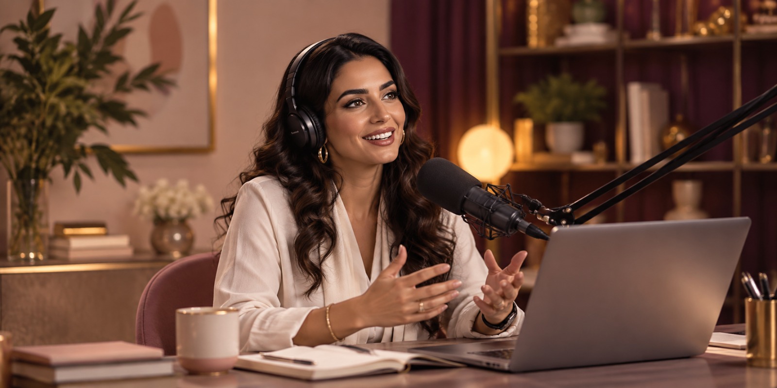 Woman wearing headphones and speaking into a podcast microphone