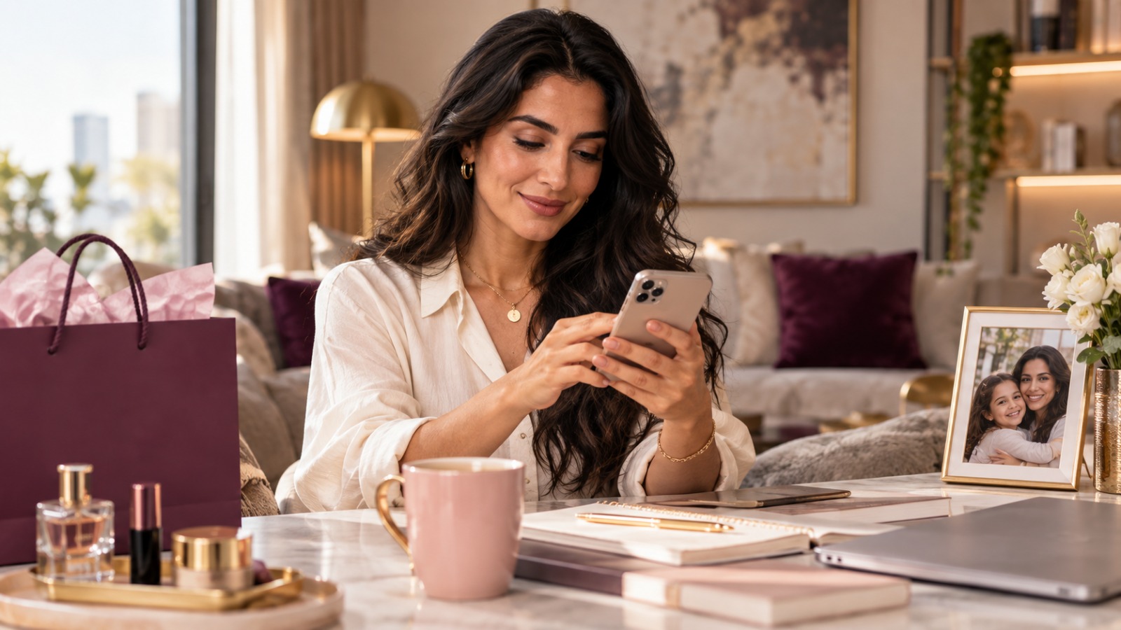 Woman shopping and using a phone in a warm lifestyle setting